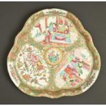 A Chinese Canton famille rose tray, 19th c, typically decorated with scenes or birds and flowers