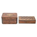 A French brass inlaid walnut and kingwood jewel box, late 19th c, with plush lined interior, 16.