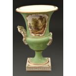 A Derby vase, c1830, of campana shape, painted with a landscape reserved on an apple green ground,