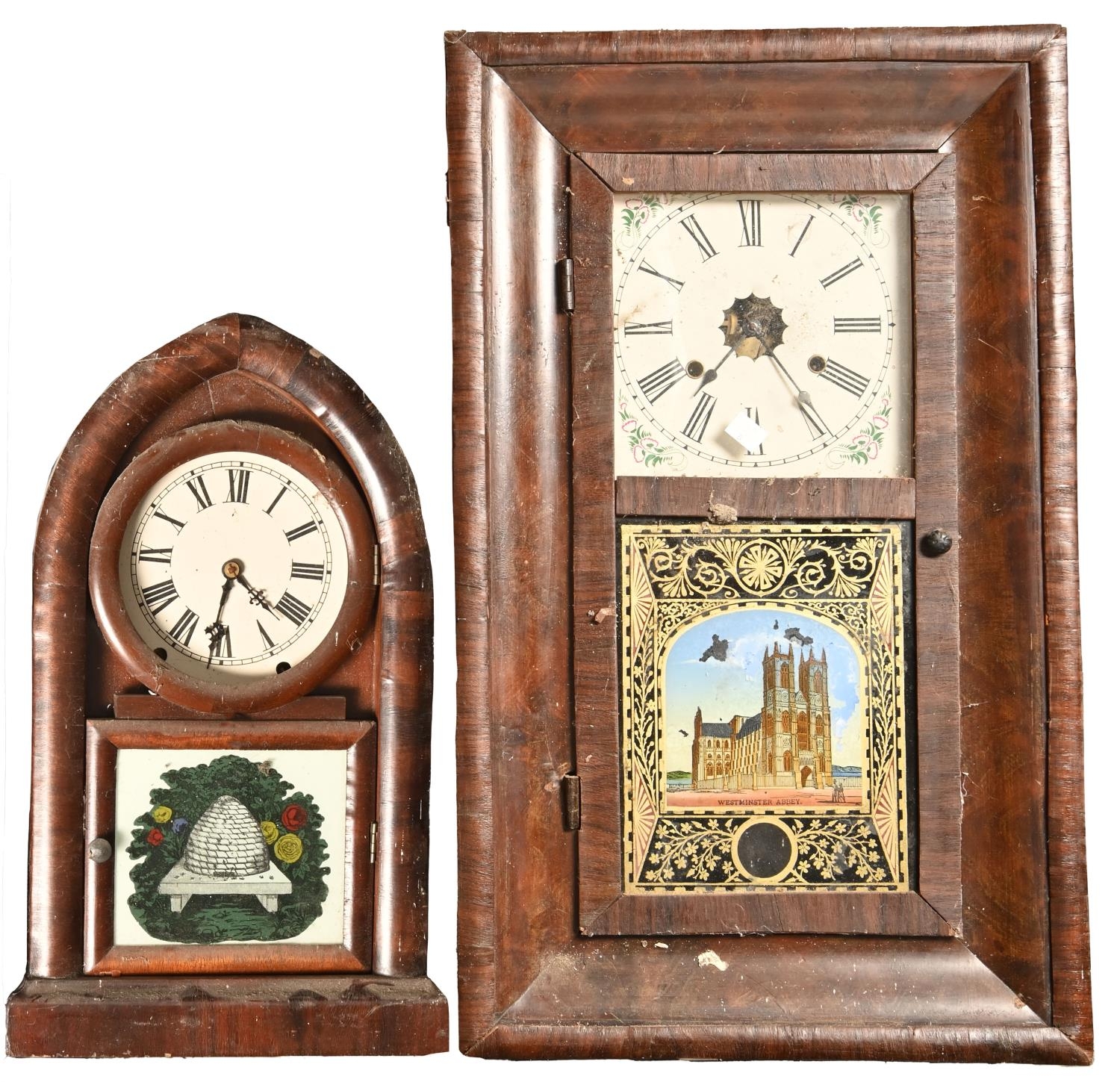 A mahogany shelf clock and a contemporary mahogany wall clock, 19th c, wall clock 65cm h Both