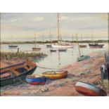 Modern British School - Moored Boats, indistinctly signed, oil on canvas, 34.5 x 44.5cm Good