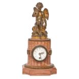 A French giltmetal mounted marble mantle clock, late 19th c, with enamel dial, 26cm h, key Very