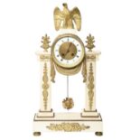 A French brass mounted statutory marble portico clock, 19th c, the drum cased bell striking movement