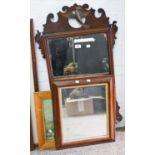 A Victorian walnut fretted frame mirror, 97 x 46cm, a print of the SS Greta Britain and another item
