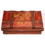 A painted wood chest, with substantial wrought iron hinges inscribed E&T Ltd Bo Bon No. 1 M in