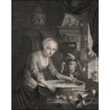 Louis Surugue after Gerrit Dou - Girl Chopping Onions, engraving 1724, mounted to image, 21.5 x 17cm