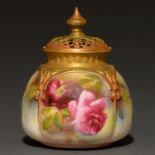 A Royal Worcester sack shaped pot pourri jar and cover, 1904, painted with Hadley roses, 11cm h,