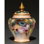 A Royal Worcester Hadley Ware pot pourri vase and cover, 1905, painted with flowers, 13cm h, green