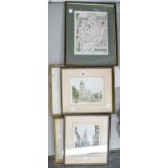 An engraved map of Nottinghamshire, three prints of the city signed by the artist in pencil and