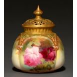 A Royal Worcester sack shaped pot pourri vase and cover, 1904, painted with Hadley roses, 11cm h,