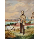 British Naive Artist, 19th c - Portrait of a Fisherman by a Weir, a Church Steeple Beyond,
