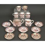 A Crown Derby Japan pattern teapot and cover and three coffee cans and five saucers, c1890, teapot