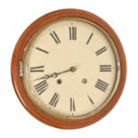 A German wall clock, late 19th c, with painted wood dial and brass ringed winding squares, wooden