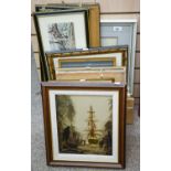 Miscellaneous pictures and prints, including signed watercolour landscape by E Lesley Gunston, 26