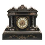 An architectural style noir belge mantel clock, late 19th c, with gong striking movement,