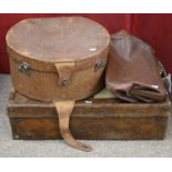 Vintage luggage. Two tan leather suitcases, 60 x 38 x 18cm and smaller, hat box and Gladstone bag