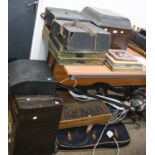 A HMV table top gramophone in oak case, c1930 and a quantity of records