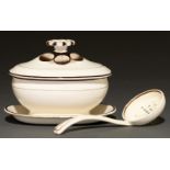 A Wedgwood Queen's Ware sauce tureen and cover and creamware straining ladle, c1840 and earlier,