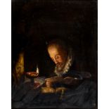 Dutch School - Reading by Lamplight, indistinctly signed (on the document), oil on panel, 19.5 x