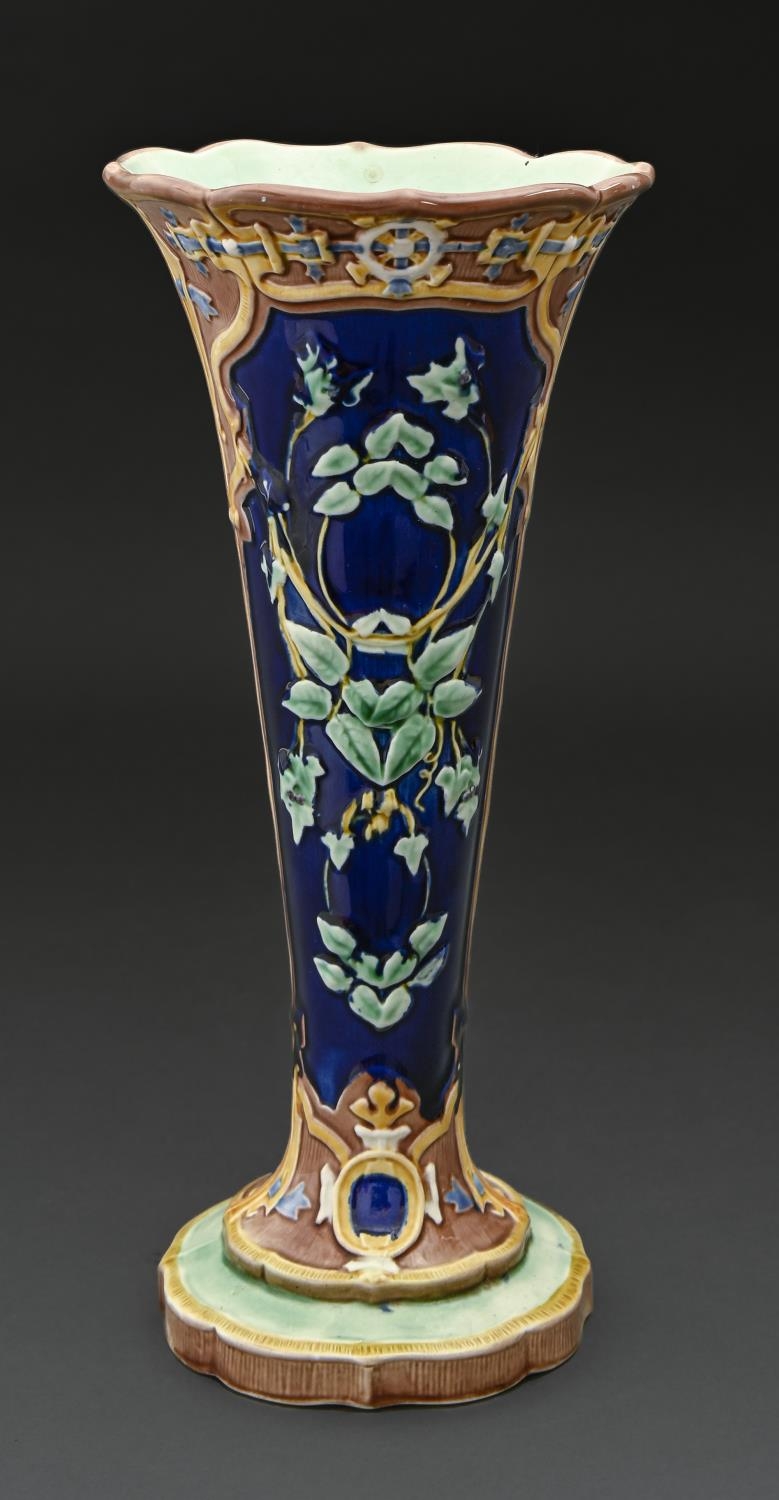 A Wedgwood majolica Elizabethan vase, 1870, 27.5cm h, impressed marks Good condition