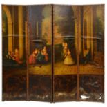 A Dutch painted leather screen, late 19th / early 20th c, of four leaves with a continuous 18th