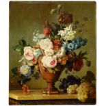 French School, 19th c - Still Life with Flowers in an Urn and Grapes on a Marble Ledge, oil on