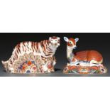 Two Royal Crown Derby paperweights - Bengal Tiger and Deer, printed mark, gilt stopper Good