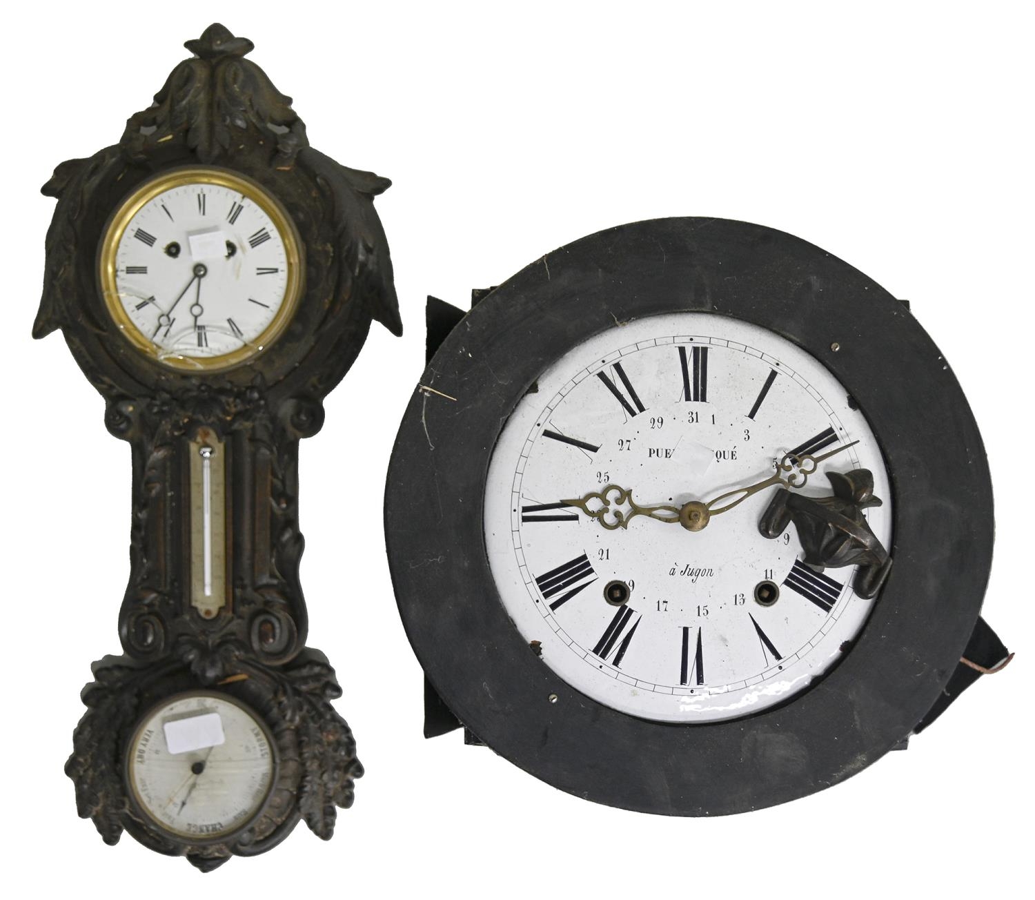 An ornate French cast iron wall clock, barometer and thermometer, late 19th c, 57cm h and a French