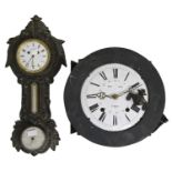 An ornate French cast iron wall clock, barometer and thermometer, late 19th c, 57cm h and a French