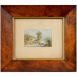 19th c School - Mountainous Landscape, watercolour, 60 x 90mm, in contemporary bird's eye maple