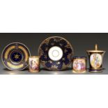 Three Vienna style porcelain cabinet cups and two saucers, early 20th c, painted with classical