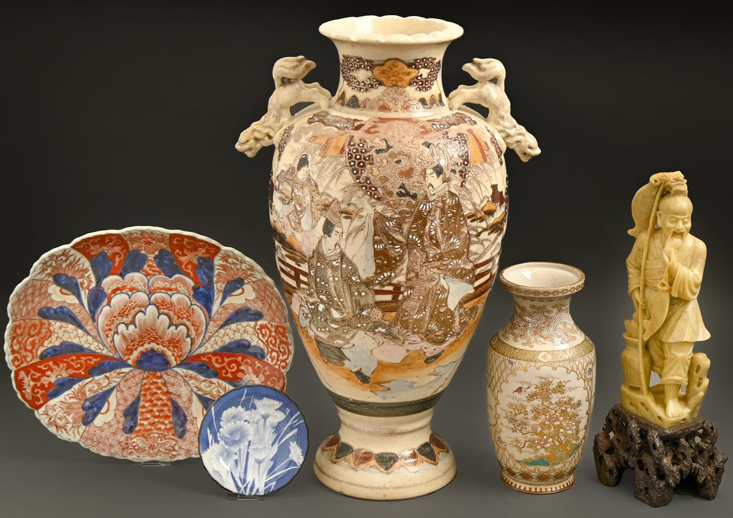 A Japanese Satsuma vase, early 20th c, with kylin handles, 48cm h Localised wear