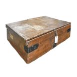 A Victorian iron mounted pine box, with various labels, including Harrods Furniture Depository