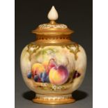 A Royal Worcester globular pot pourri vase and cover, 1918, painted with fruit and blossom, 13cm
