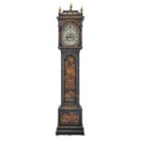 A George II japanned eight day longcase clock, John Davis Windsor, the breakarched brass dial with