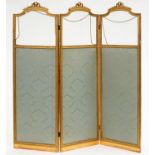 A French giltwood screen, c1900, in Louis XVI style, each of the three leaves with glazed upper part