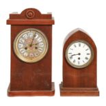 A mahogany clock, with earlier associated Victorian painted and gilt pottery dial and French gong