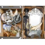 Miscellaneous metalware and other items, including an Art Deco style mirror, horse brasses, postal