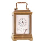 A French brass miniature carriage timepiece, Minuet, late 19th c, the enamel dial with days of the