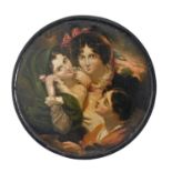 A papier mache snuff box cover by Samuel Raven (1775-1847), painted with The Proposal, after