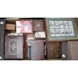 Miscellaneous items, including cigarette cards, wooden boxes, leather satchel, etc