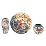 A Moorcroft Hartgring plate, Blakeney Mallow vase and Anna Lily vase, 21st c, plate 26cm diam,