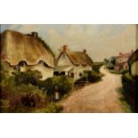 English School, late 19th c - Thatched Cottages, oil on canvas, 19 x 29cm Unlined, requires a clean