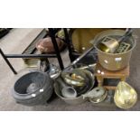 Miscellaneous Victorian and later metalware, including horse hames, brass jam pans, grocer's scales,