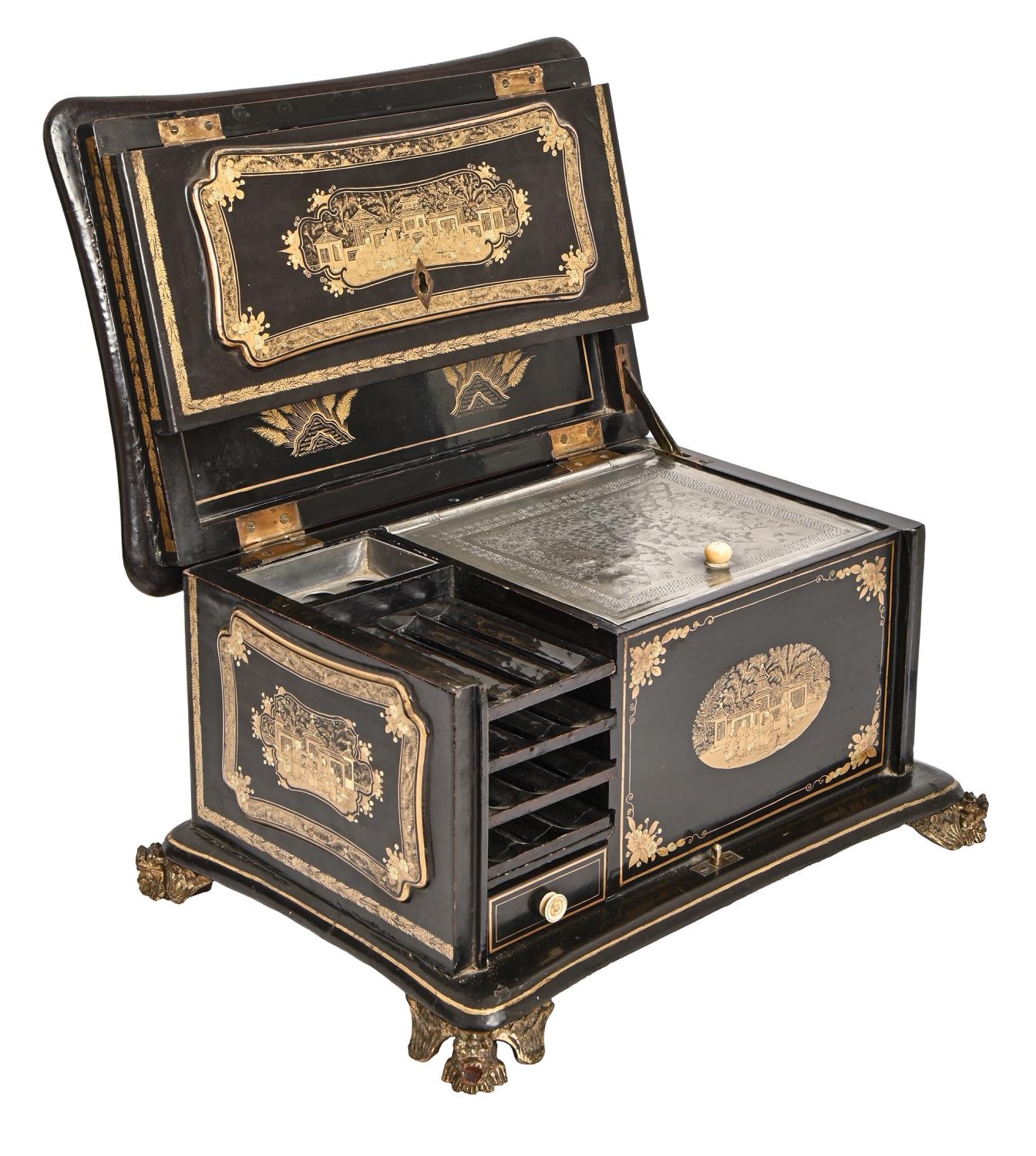 A Chinese export black and gold lacquer table cabinet, 19th c, with fitted interior, containing - Image 2 of 2