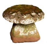An English sandstone staddlestone and 'mushroom' or cap, 18th or 19th c, 42cm h, approx. 48 x 48cm