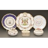 Three Royal Crown Derby floral encrusted boxes and covers, two commemorative plates and a Caverswall