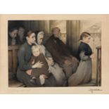 French or Belgian School, early 20th c - Sunday Morning, etching, aquatint and hand colouring,