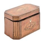 A George III satinwood and 'hare wood' tea chest, the divided interior with two covers, 19cm l, 13cm