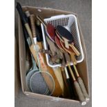 Vintage sporting equipment, including cricket bats, badminton racquets, etc